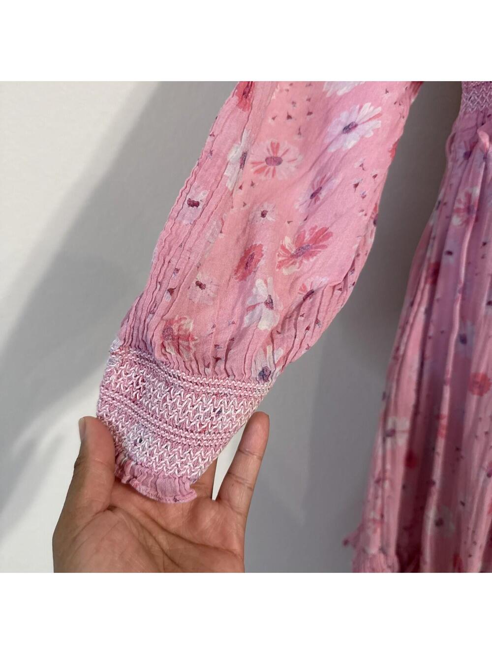 $475 LoveShackFancy Pink "Miri" Dress w/ Square Smocked Bodice Ruffle Hem - LRG - Picture 3 of 11